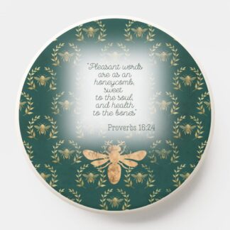 Custom Christian Pop Socket with dark green, gold bee wreath matrix, gold bee and scripture design
