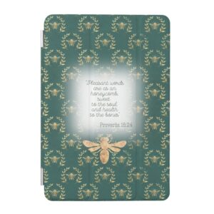 Custom Christian iPad Smart Case with dark green, gold bee wreath matrix, gold bee and scripture accents
