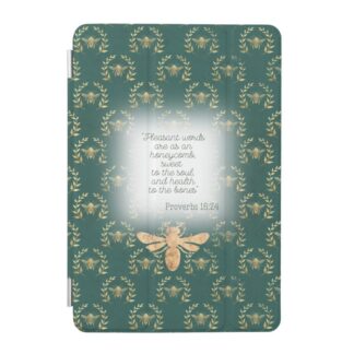 Custom Christian iPad Smart Cover with dark green, gold bee wreath matrix, gold bee and scripture accents