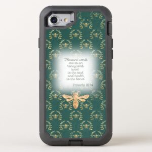 Custom Christian Otter Box Defender iPhone case with dark green, gold bee wreath matrix, gold bee and scripture accents