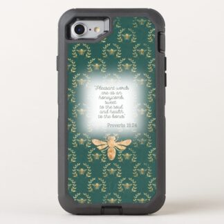 Custom Christian Otter Box Defender iPhone cover with dark green, gold bee wreath matrix, gold bee and scripture accents