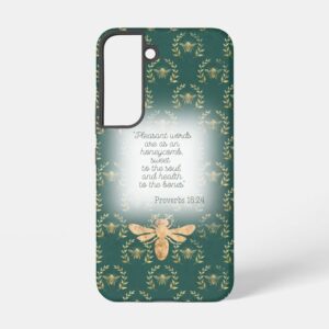 Custom Christian tough glossy phone case (Samsung & iPhone) with dark green, gold bee wreath matrix, gold bee and scripture accents