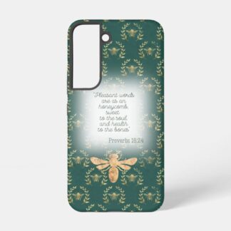 Custom Christian tough glossy phone cover (Samsung & iPhone) with dark green, gold bee wreath matrix, gold bee and scripture accents