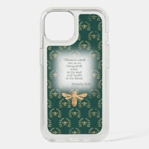 Custom Christian Speck Presidio Clear iPhone case with dark green, gold bee wreath matrix, gold bee and scripture accents