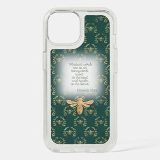 Custom Christian Speck Presidio Clear iPhone cover with dark green, gold bee wreath matrix, gold bee and scripture accents