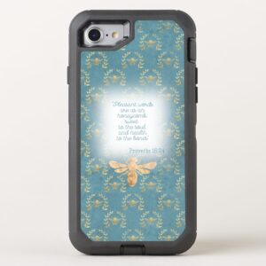 Custom Christian Otter Box Defender iPhone case with turquoise, gold bee wreath grid, gold bee and faith design
