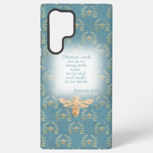 Custom Christian tough glossy phone case (Samsung & iPhone) with turquoise, gold bee wreath grid, gold bee and faith design
