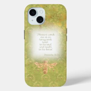 Custom Christian Case-Mate iPhone case with lime green, gold bee wreath matrix, gold bee and scripture accents