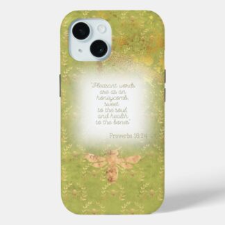 Custom Christian Case-Mate iPhone cover with lime green, gold bee wreath matrix, gold bee and scripture accents