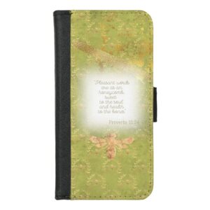 Custom Christian universal faux leather wallet phone case with lime green, gold bee wreath matrix, gold bee and scripture accents