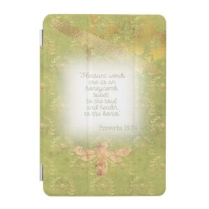 Custom Christian iPad Smart Case with lime green, gold bee wreath matrix, gold bee and scripture accents