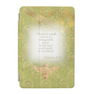 Custom Christian iPad Smart Cover with lime green, gold bee wreath matrix, gold bee and scripture accents