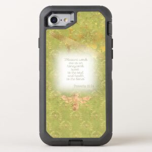 Custom Christian Otter Box Defender iPhone case with lime green, gold bee wreath matrix, gold bee and scripture accents