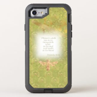 Custom Christian Otter Box Defender iPhone cover with lime green, gold bee wreath matrix, gold bee and scripture accents