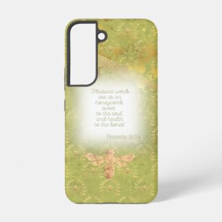Custom Christian tough glossy phone cover (Samsung & iPhone) with lime green, gold bee wreath matrix, gold bee and scripture accents