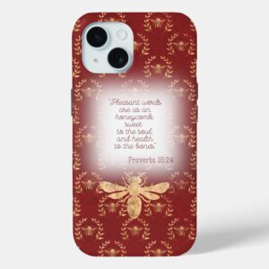 Custom Christian Case-Mate iPhone case with dark red, gold bee wreath grid, gold bee and faith design