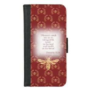 Custom Christian universal faux leather wallet phone case with dark red, gold bee wreath grid, gold bee and faith design