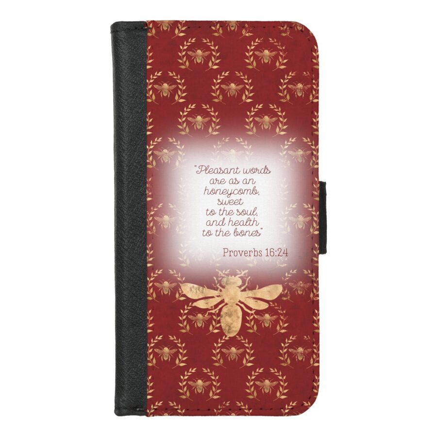 Custom Christian universal faux leather wallet phone cover with dark red, gold bee wreath grid, gold bee and faith design