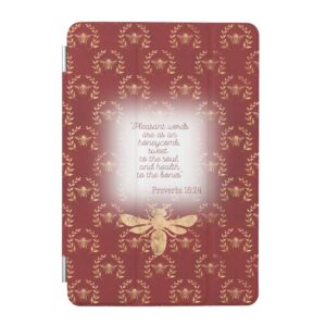 Custom Christian iPad Smart Case with dark red, gold bee wreath grid, gold bee and faith design