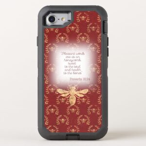 Custom Christian Otter Box Defender iPhone case with dark red, gold bee wreath grid, gold bee and faith design