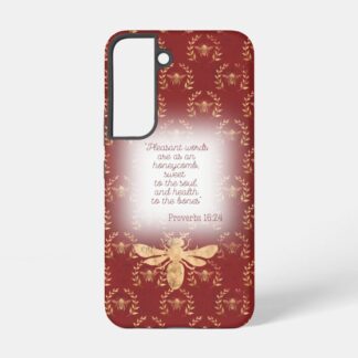 Custom Christian tough glossy phone cover (Samsung & iPhone) with dark red, gold bee wreath grid, gold bee and faith design