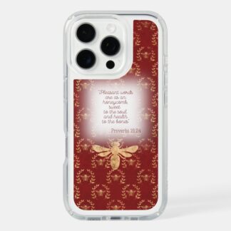 Custom Christian Speck Presidio Clear iPhone cover with dark red, gold bee wreath grid, gold bee and faith design
