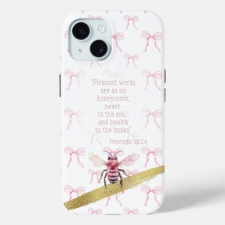 Custom Christian Case-Mate iPhone case with white, pink bow matrix, pink bee, gold and scripture design