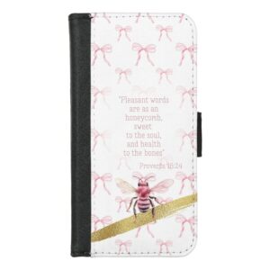 Custom Christian universal faux leather wallet phone case with white, pink bow matrix, pink bee, gold and scripture design