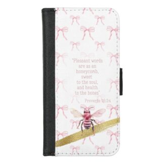 Custom Christian universal faux leather wallet phone cover with white, pink bow matrix, pink bee, gold and scripture design