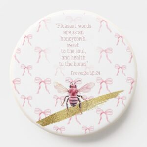 Custom Christian PopSocket with white, pink bow matrix, pink bee, gold and scripture design
