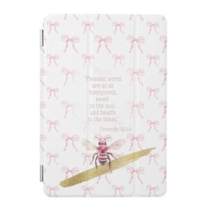 Custom Christin iPad Smart Case with white, pink bow matrix, pink bee, gold and scripture design
