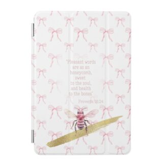 Custom Christin iPad Smart Cover with white, pink bow matrix, pink bee, gold and scripture design