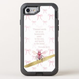 Custom Christian Otter Box Defender iPhone cover with white, pink bow matrix, pink bee, gold and scripture design