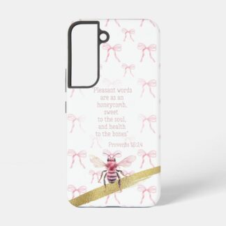 Custom Christian tough glossy phone cover (Samsung & iPhone) with white, pink bow matrix, pink bee, gold and scripture design