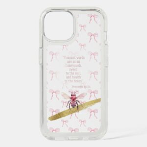 Custom Christian Speck Presidio Clear iPhone case with white, pink bow matrix, pink bee, gold and scripture design