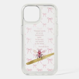 Custom Christian Speck Presidio Clear iPhone cover with white, pink bow matrix, pink bee, gold and scripture design