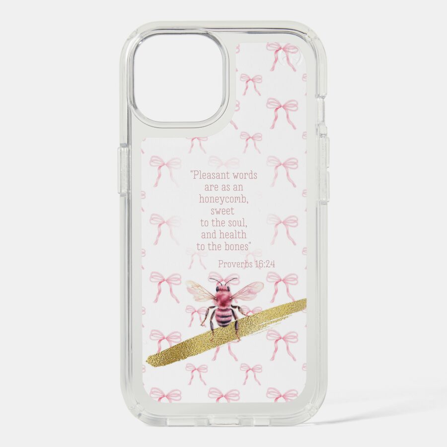 Custom Christian Speck Presidio Clear iPhone cover with white, pink bow matrix, pink bee, gold and scripture design