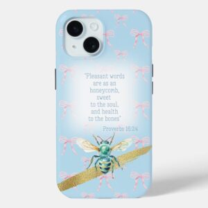 Custom Christian Case-Mate iPhone case with blue pastel, pink bow grid, blue bee gold and scripture accents