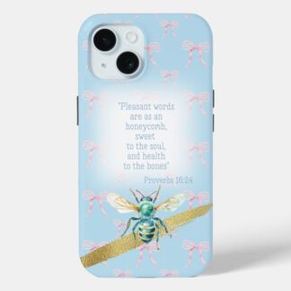 Custom Christian Case-Mate iPhone cover with blue pastel, pink bow grid, blue bee gold and scripture accents