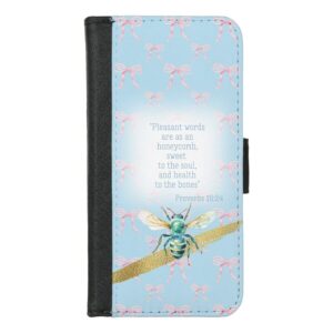 Custom Christian universal faux leather wallet phone case with blue pastel, pink bow grid, blue bee gold and scripture accents