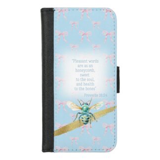 Custom Christian universal faux leather wallet phone cover with blue pastel, pink bow grid, blue bee gold and scripture accents