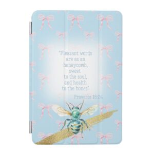 Custom Christian iPad Smart Case with blue pastel, pink bow grid, blue bee gold and scripture accents