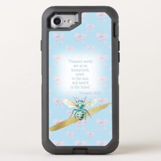 Custom Christian Otter Box Defender iPhone cover with blue pastel, pink bow grid, blue bee, gold and scripture accents