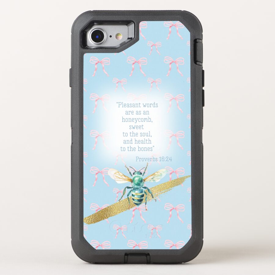 Custom Christian Otter Box Defender iPhone cover with blue pastel, pink bow grid, blue bee, gold and scripture accents