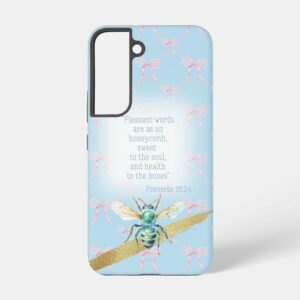 Custom Christian tough glossy phone case (Samsung & iPhone) with blue pastel, pink bow grid, blue bee, gold and scripture accents
