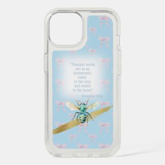 Custom Christian Speck Presidio Clear iPhone cover with blue pastel, pink bow grid, blue bee gold and scripture accents