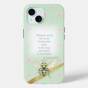 Custom Christian Case-Mate iPhone case with green pastel, pink bow matrix, green bee gold and faith design