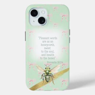 Custom Christian Case-Mate iPhone cover with green pastel, pink bow matrix, green bee gold and faith design