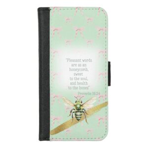 Custom Christian universal faux leather wallet phone case with green pastel, pink bow matrix, green bee gold and faith design