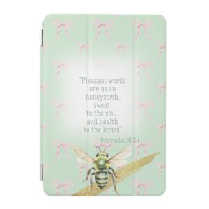 Custom Christian iPad Smart Case with green pastel, pink bow matrix, green bee gold and faith design